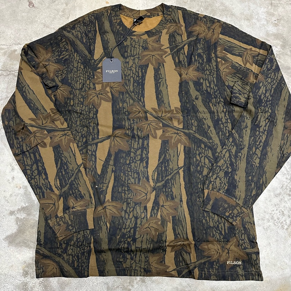 NWT Filson Long Sleeve Camo Pioneer Graphic T Shirt Green Brown Mens